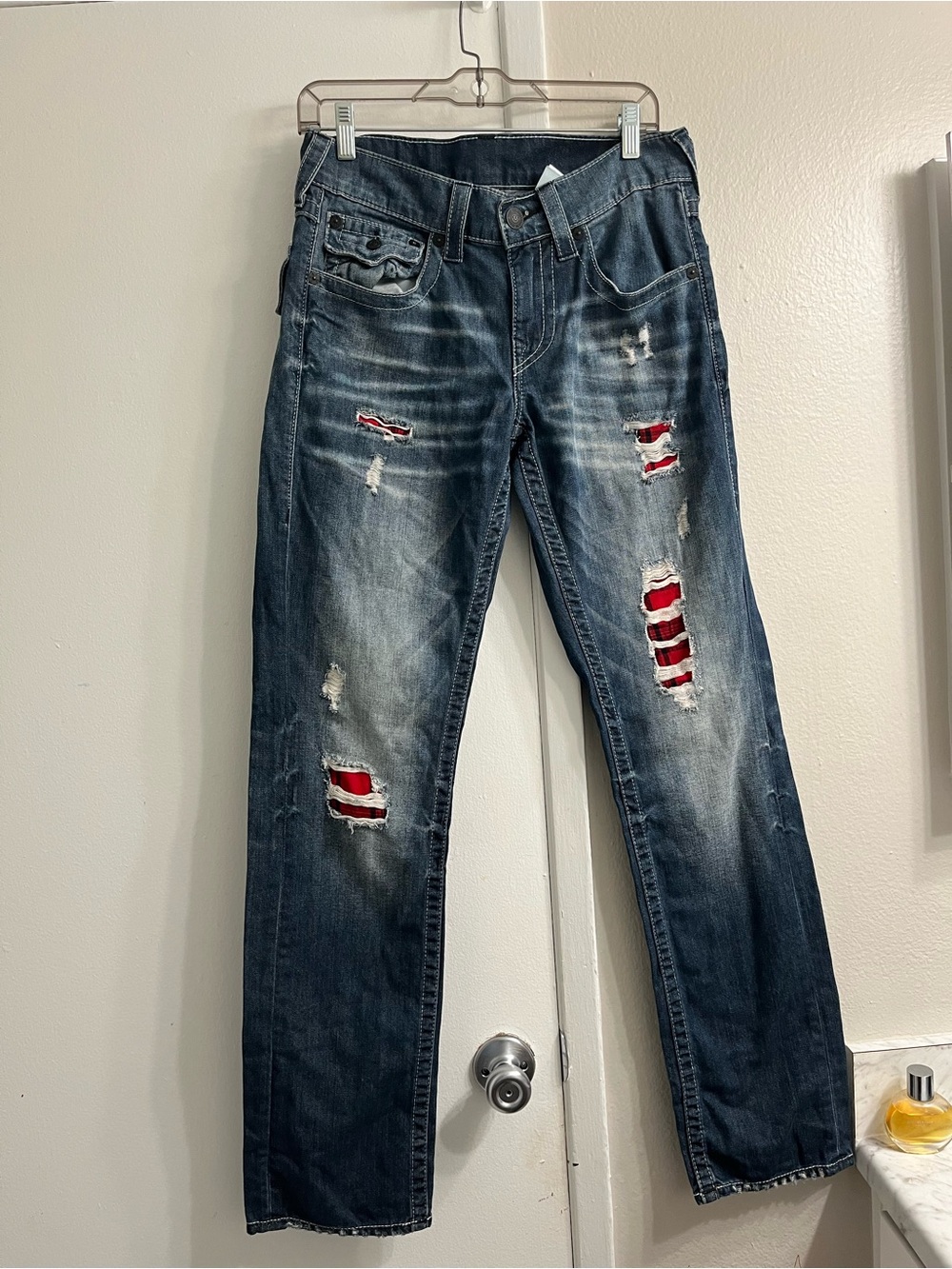 True Religion Men's Distressed Dark Blue Jeans with Red Patch Accents